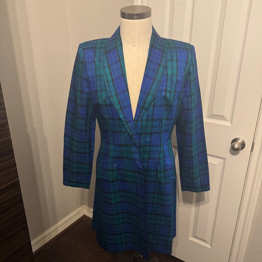 Victors Equestrian Saddleseat Day Coat Blue Green and Black Plaid Sz 12